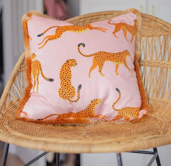 Pink Leopard Fringe Cushion