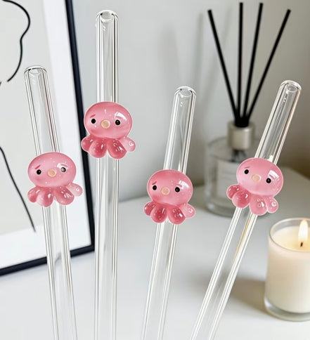 Pink Baby Octopus Reusable Straws | Set of 4 with Cleaning Brush