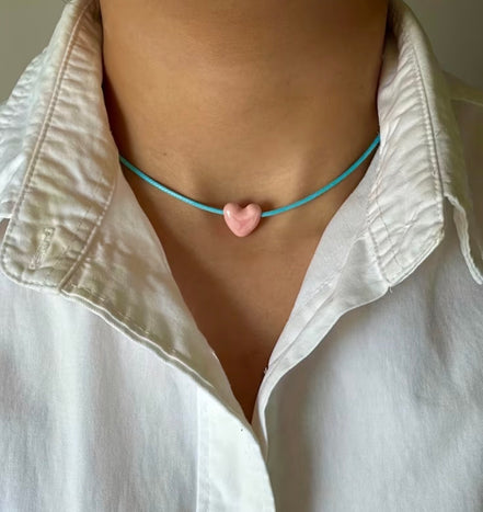 Blue & Pink Ceramic Heart Choker Necklace | Adjustable