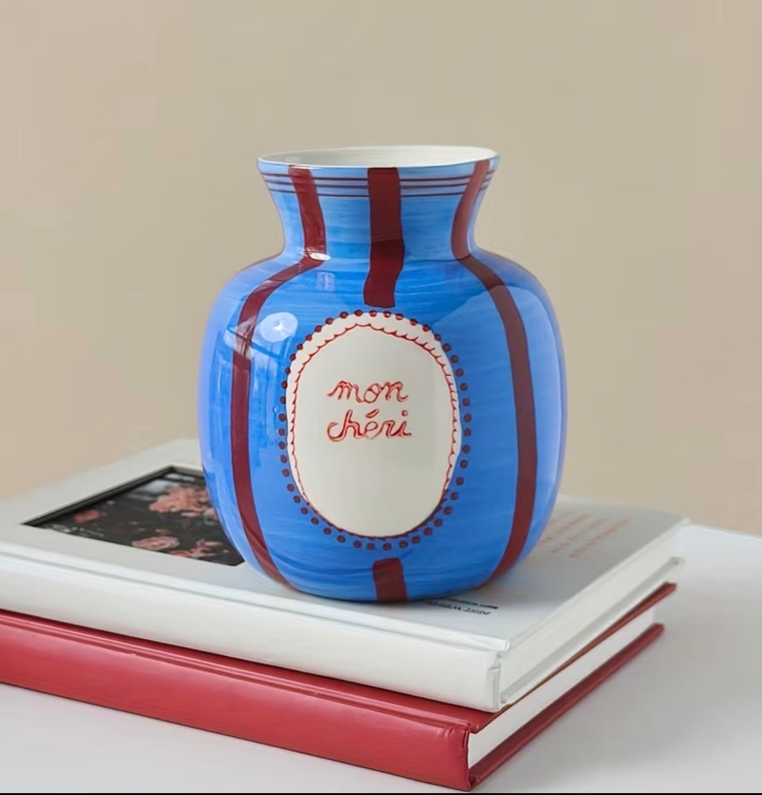 Mon Cheri Blue Vase with Red Stripes