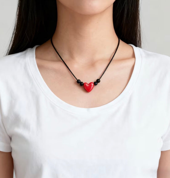 🖤 Black Beaded Choker Necklace with Red Heart ❤️