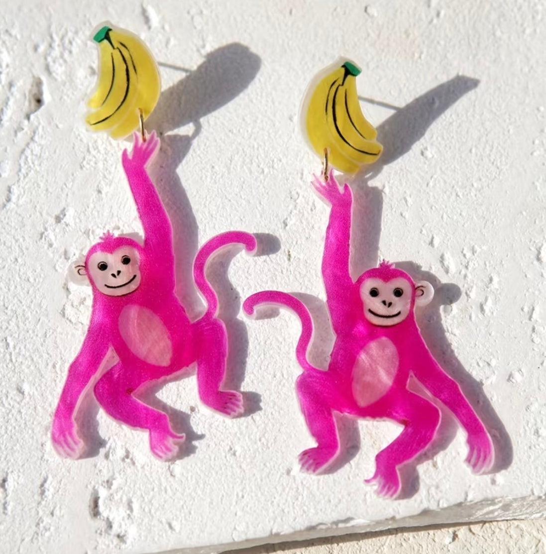 🐒 Pink Monkey & Banana Dangle Earrings 🍌