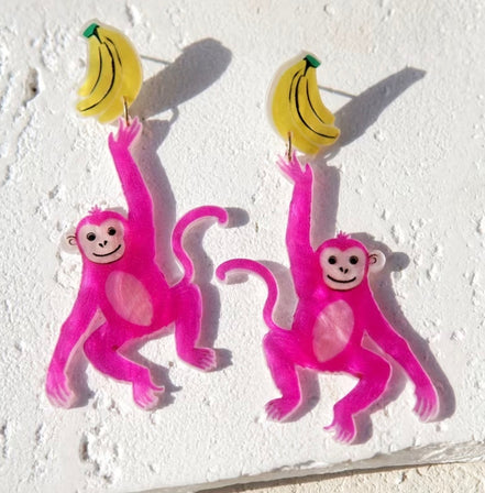 🐒 Pink Monkey & Banana Dangle Earrings 🍌