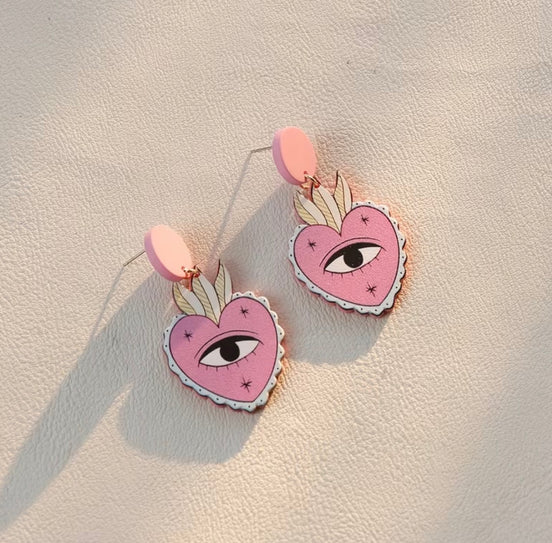 🩷 Pink Heart Earrings with Eyes 👀