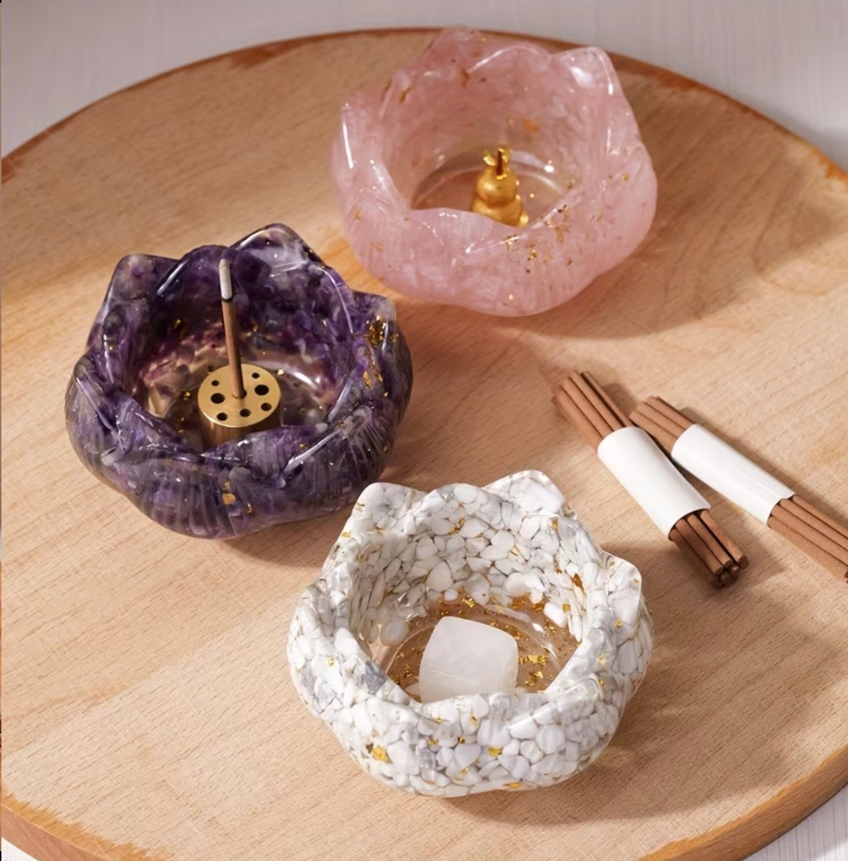 🏵️ Zen Lotus Burner Set with Natural Crystal Stones 🔮