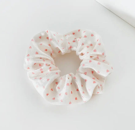 White Satin Scrunchie with Red Hearts